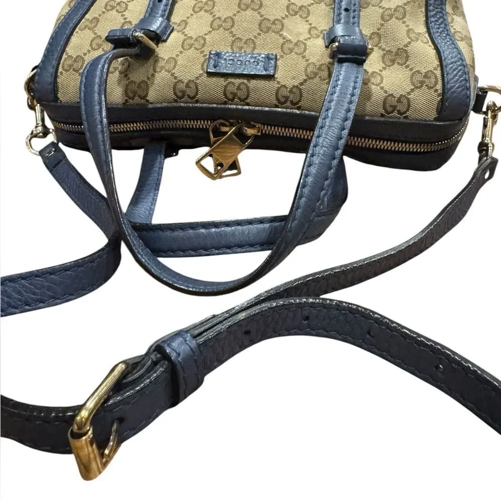 GUCCI Beige Brown GG Canvas Blue Leather Trim Small Belted 2way Boston Bag